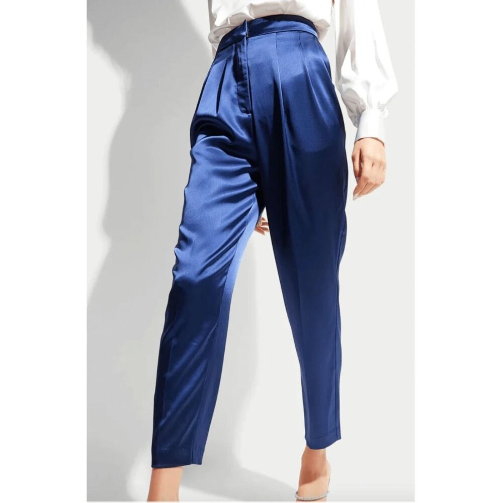 NWT Generation Love Portia Pleated Satin Pants Navy Blue Size US 6 $248 [jb]